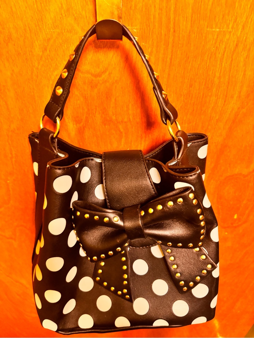 Black Polka Dot Bow Bucket Bag - Women's Shoulder Handbag - Picture 10 of 12